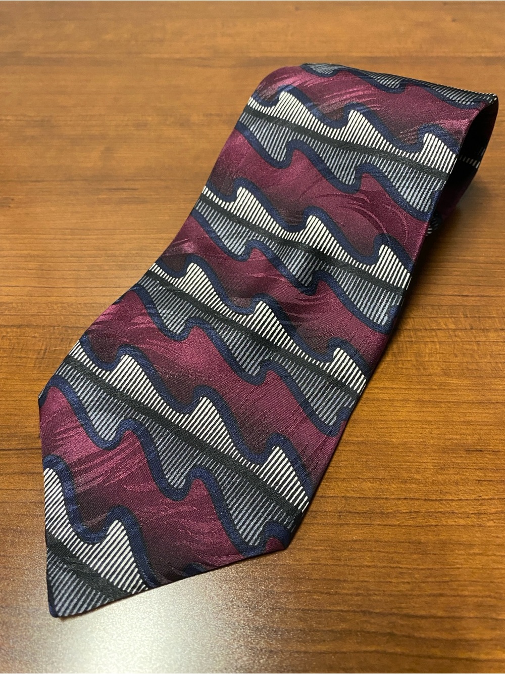 Ziggurat Men's Woven 100% Silk Tie Burgundy/Navy/White Geometric Abstract